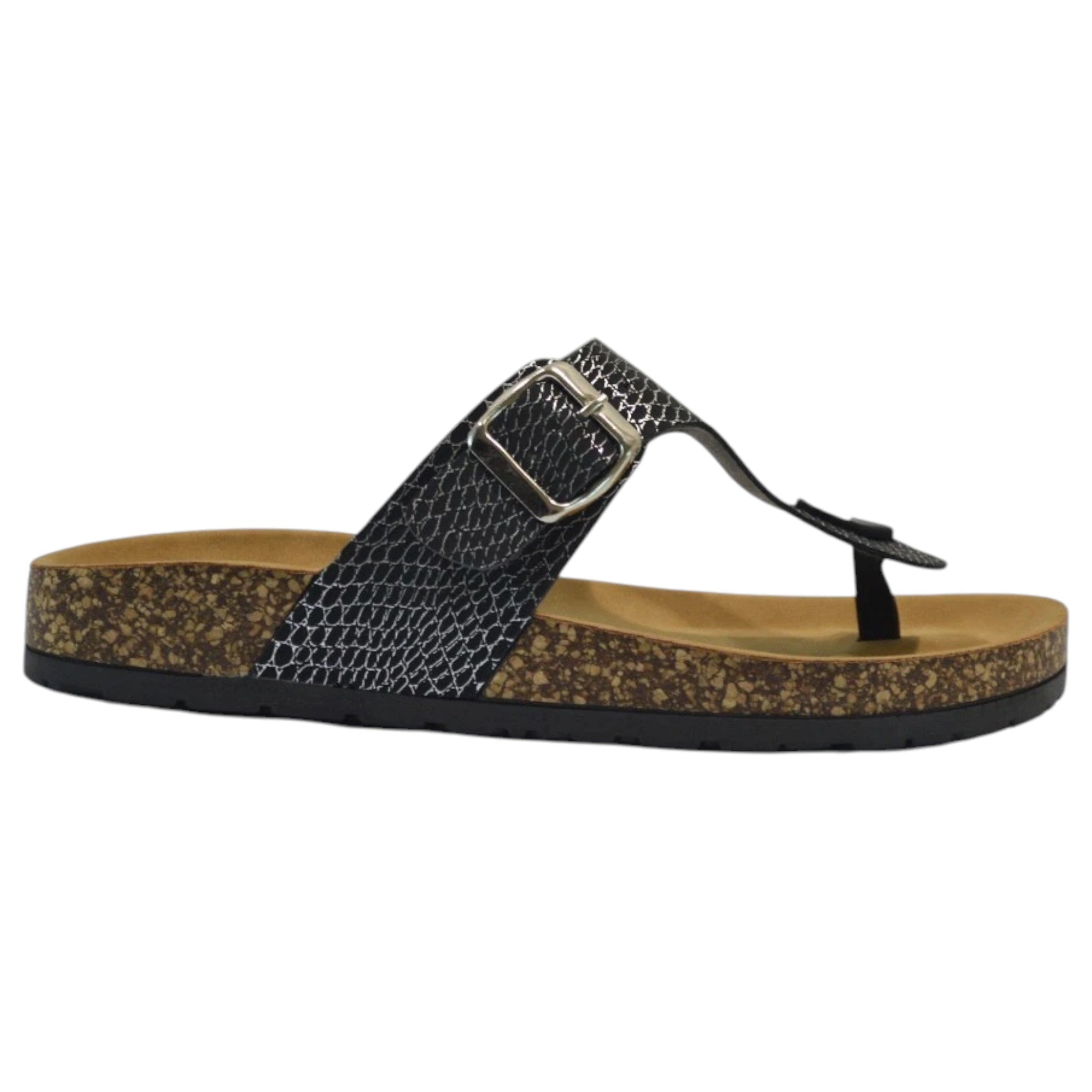 Dunlop ladies slip-on summer sandals with buckle strap and cushioned sole in black